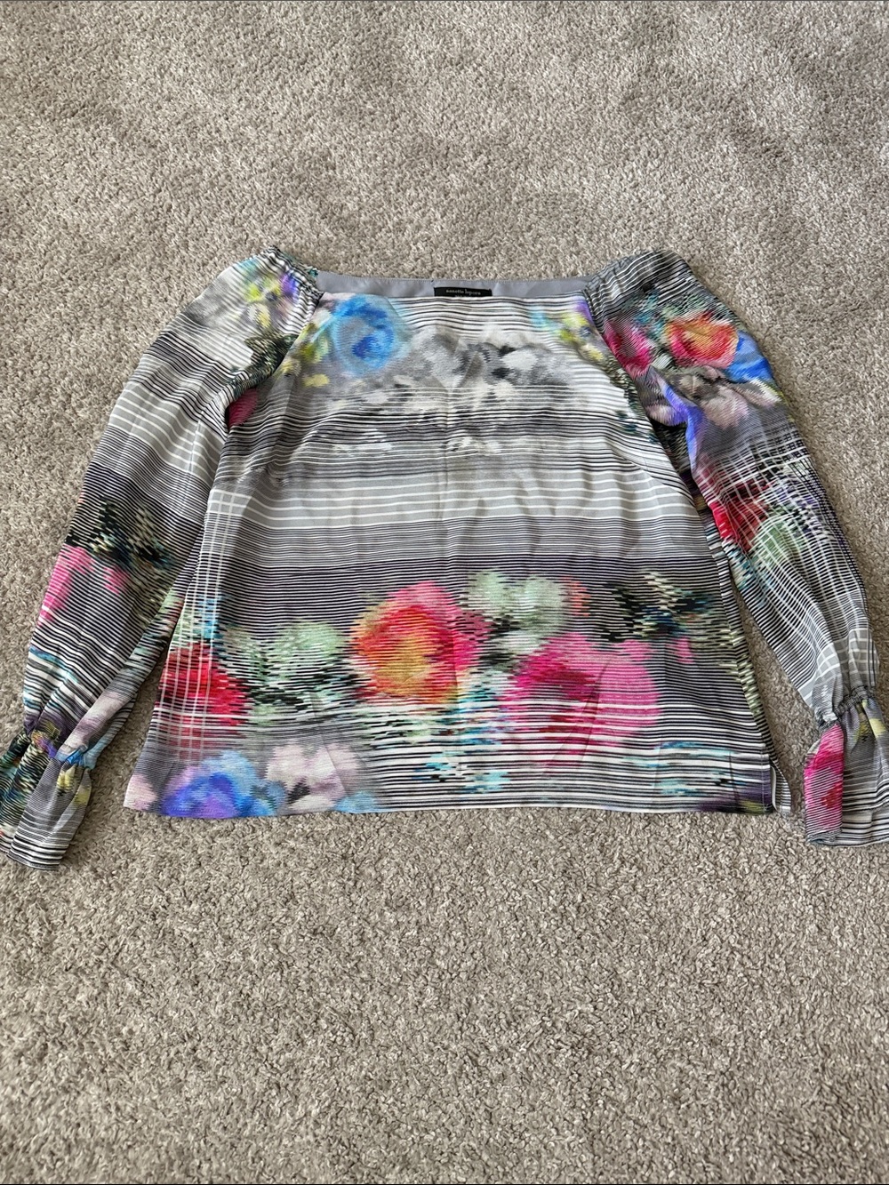 Nanette Lepore Multicolor Floral Stripe Long Sleeve Blouse